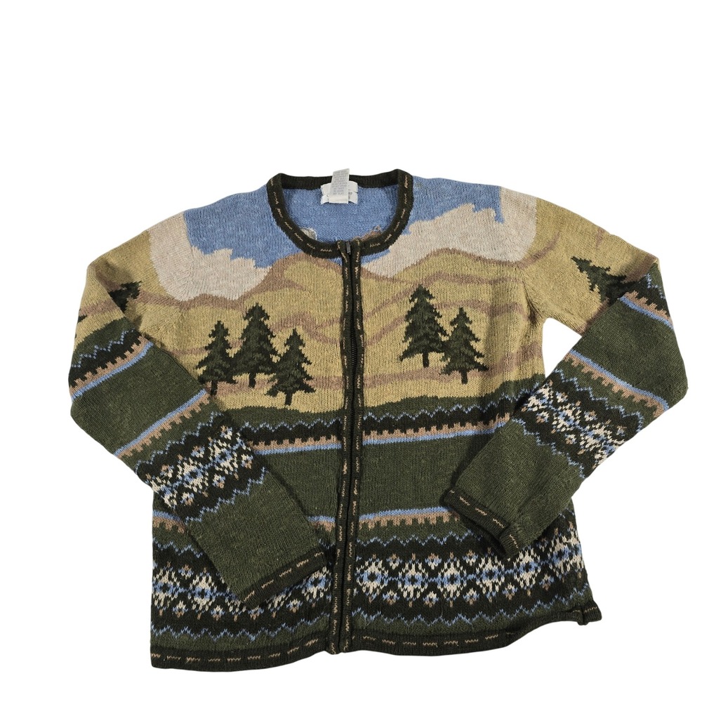 Christopher & Banks Scenic Mountain Fair Isle Zip Cardigan Sweater Green Small